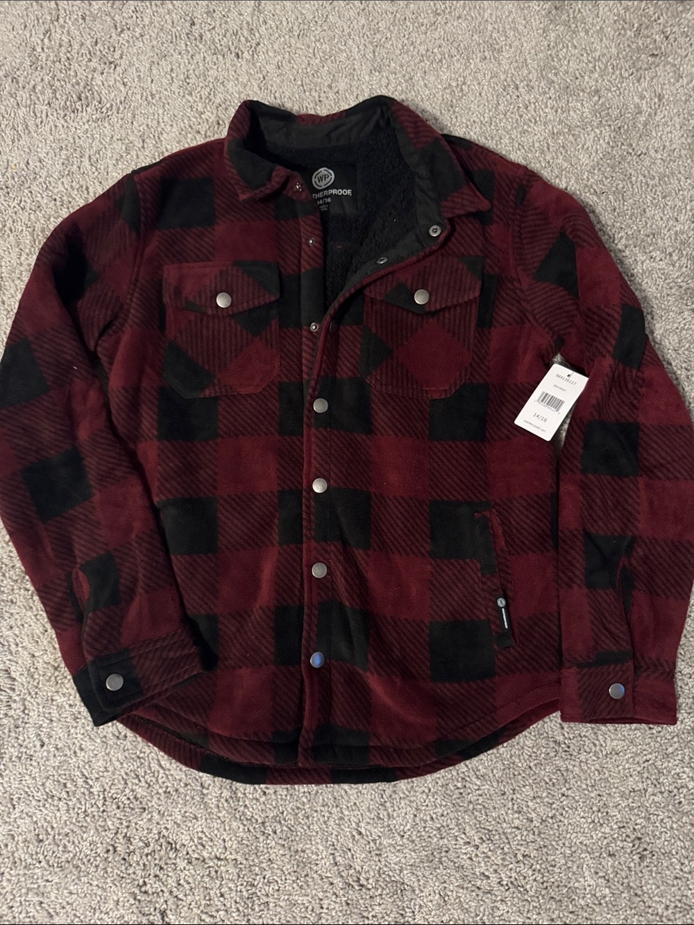 Kids’s Red/Burgundy & Black Plaid Sherpa-Lined Jacket